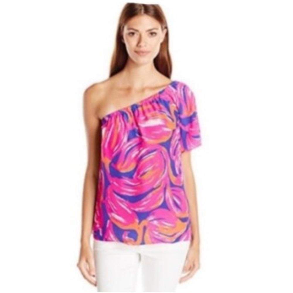 Lilly Pulitzer Pink Fifer One-Shoulder 100% Silk Top Plume Bloom‎ Sz-M 23306